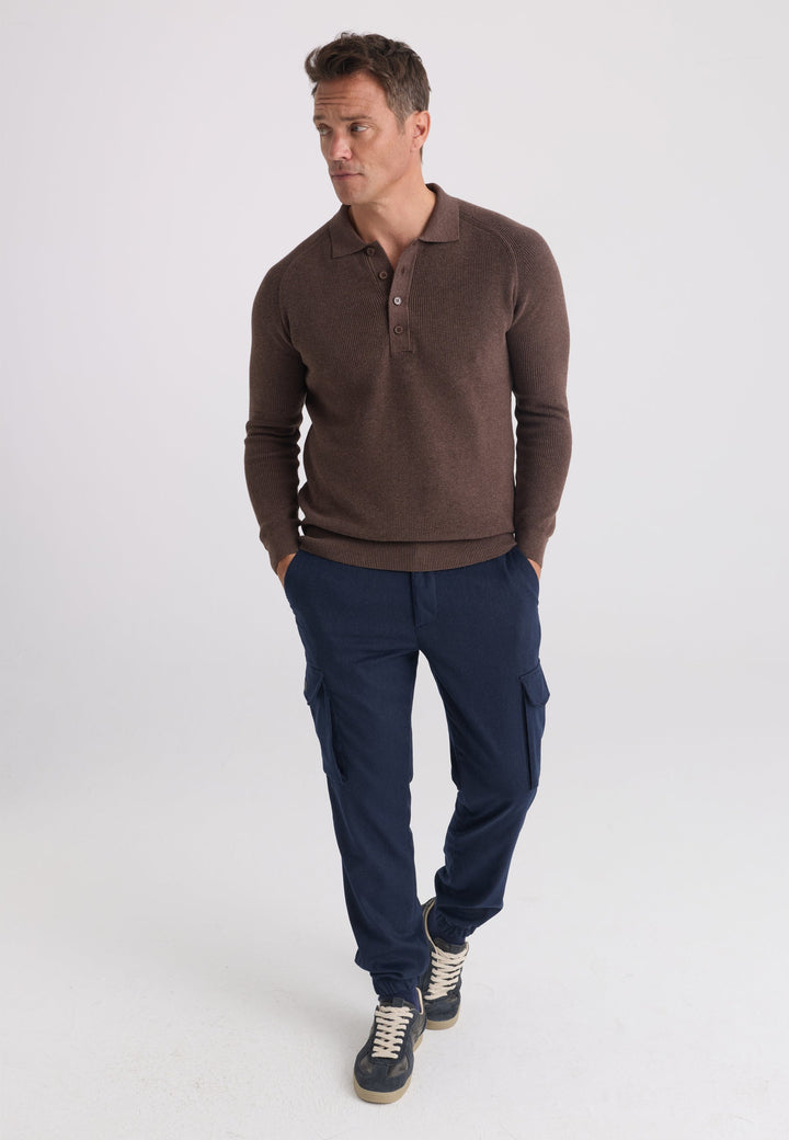 Felix Hardy Pull tricot à col polo à manches longues pour homme - Marron
