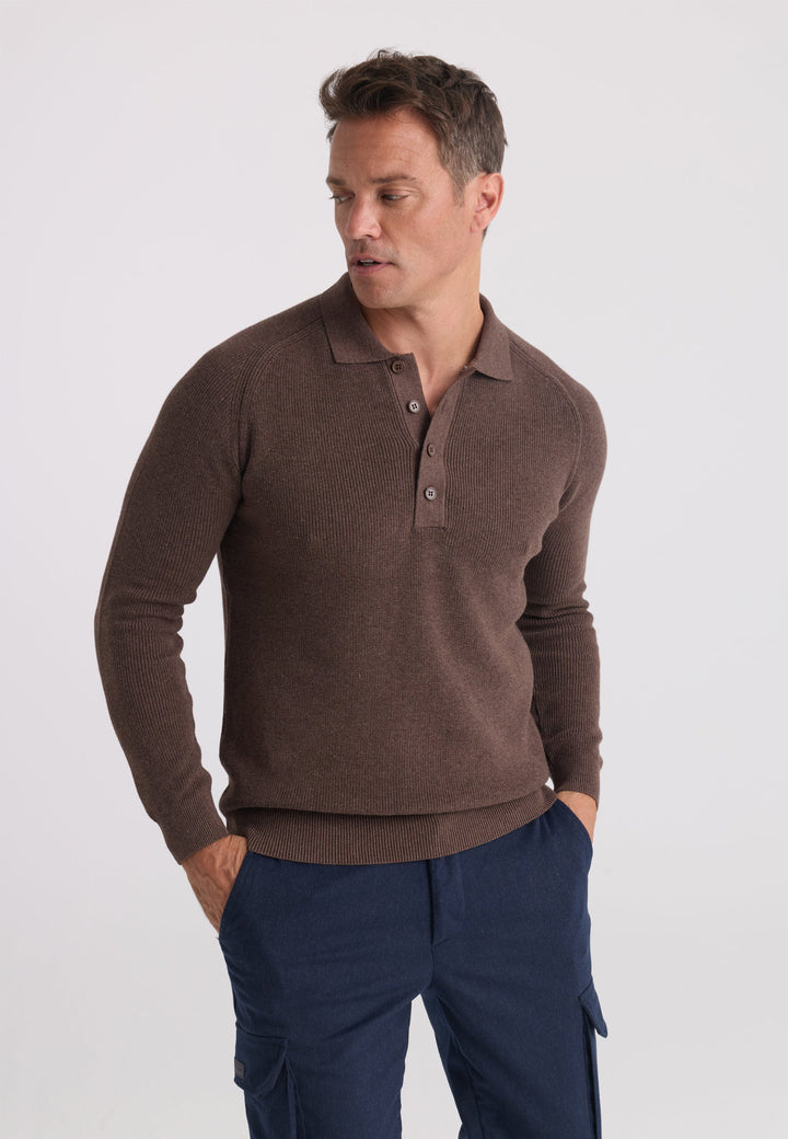 Felix Hardy Pull tricot à col polo à manches longues pour homme - Marron