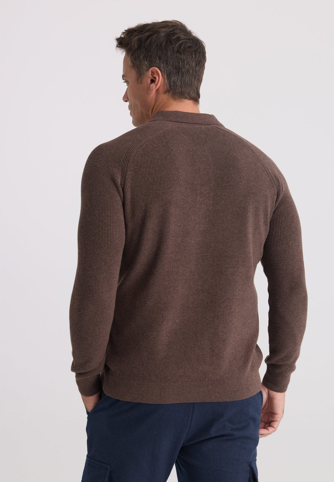 Felix Hardy Pull tricot à col polo à manches longues pour homme - Marron