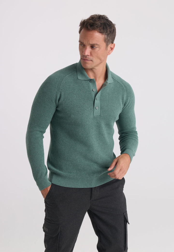 Felix Hardy Pull tricot à col polo à manches longues pour homme - Vert
