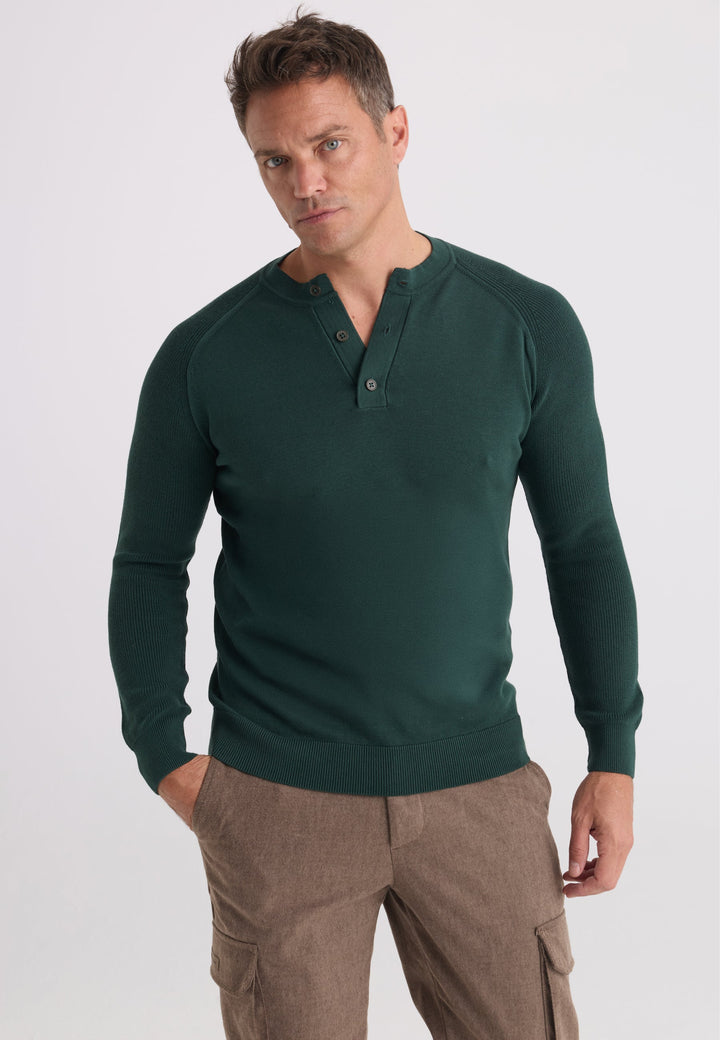 Felix Hardy Pull tricot à col Henley avec boutons pour homme - Vert foncé