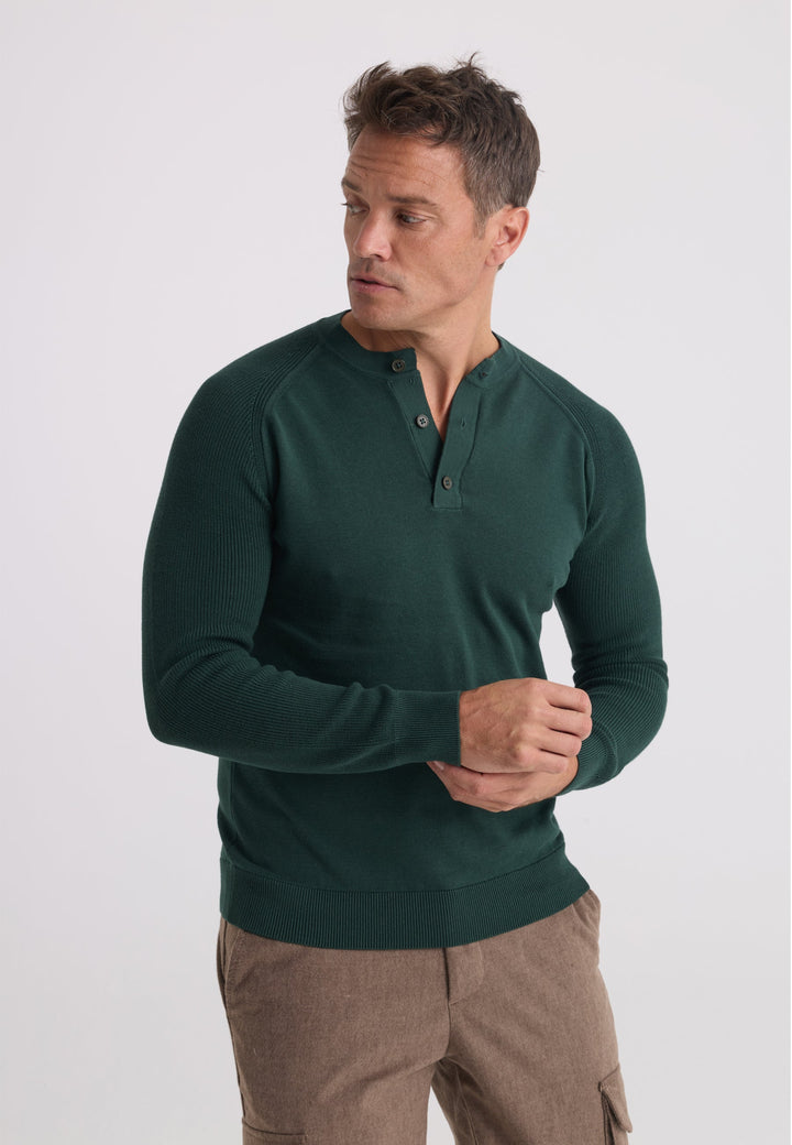 Felix Hardy Pull tricot à col Henley avec boutons pour homme - Vert foncé