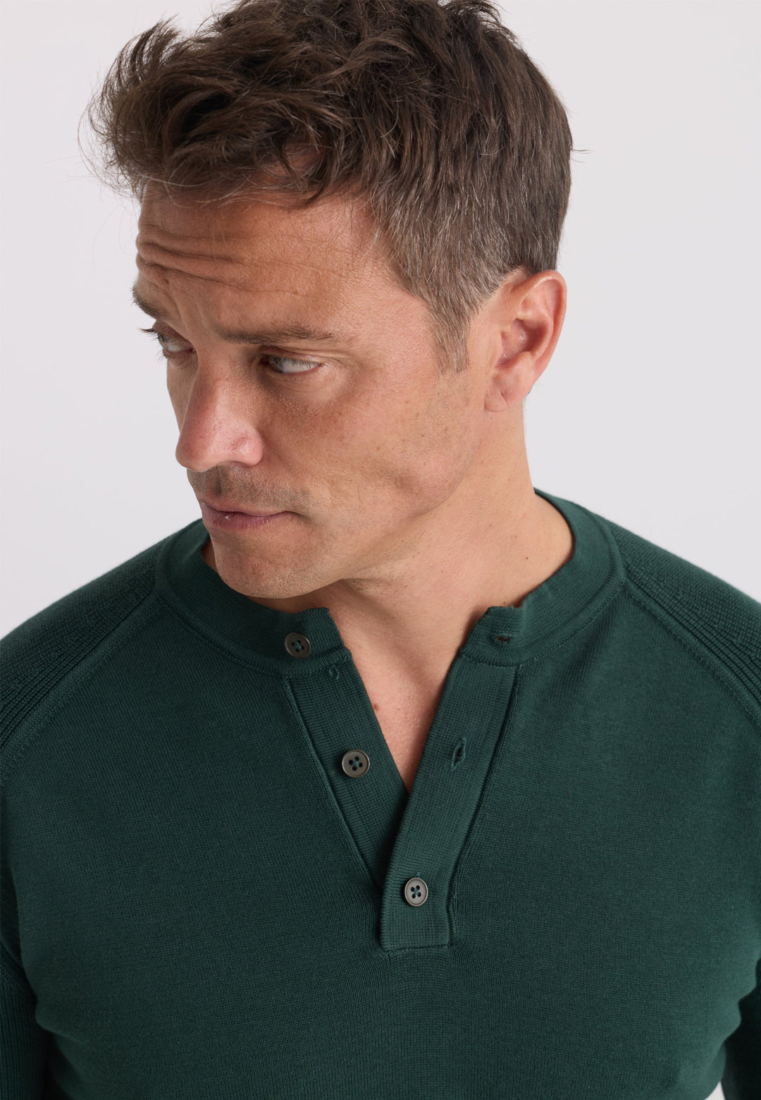 Felix Hardy Pull tricot à col Henley avec boutons pour homme - Vert foncé