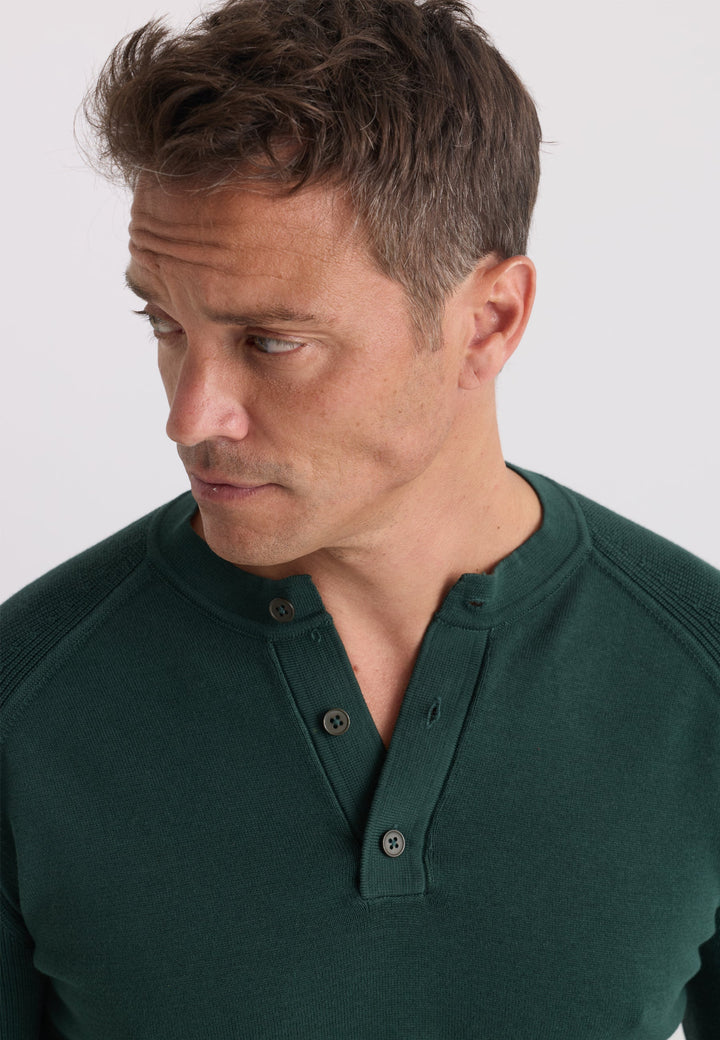 Felix Hardy Pull tricot à col Henley avec boutons pour homme - Vert foncé