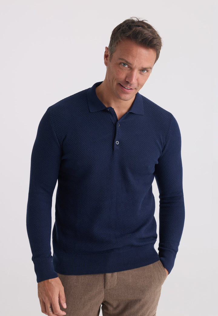 Felix Hardy Pull tricot à col polo texturé pour homme - Bleu marine