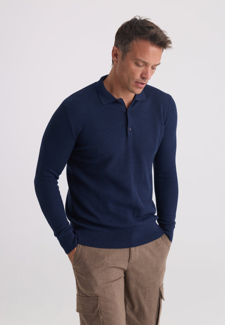 Felix Hardy Pull tricot à col polo texturé pour homme - Bleu marine