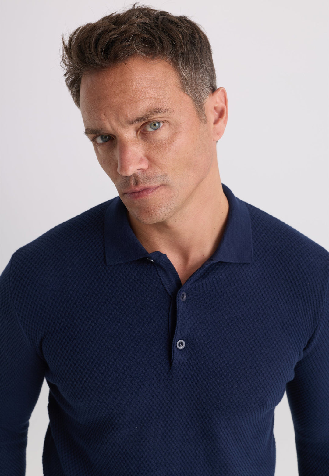 Felix Hardy Pull tricot à col polo texturé pour homme - Bleu marine