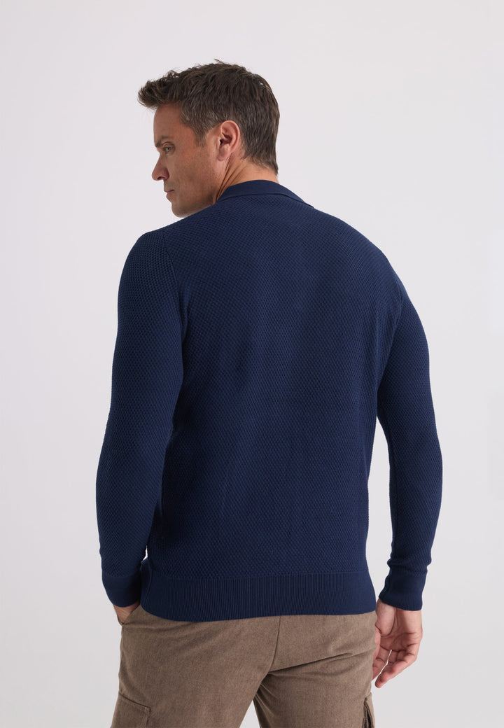 Felix Hardy Pull tricot à col polo texturé pour homme - Bleu marine