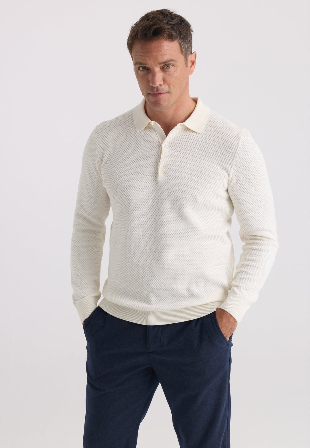 Felix Hardy Pull tricot à col polo texturé pour homme - Écru