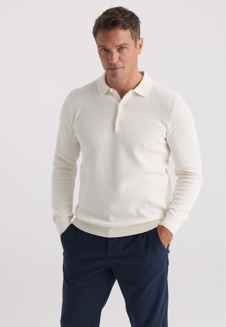 Felix Hardy Pull tricot à col polo texturé pour homme - Écru