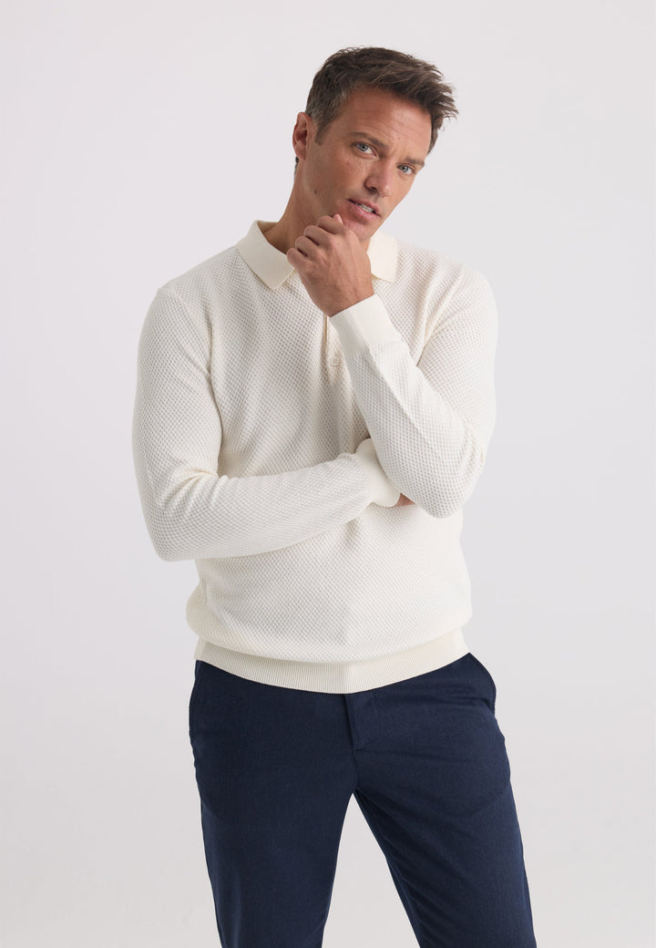Felix Hardy Pull tricot à col polo texturé pour homme - Écru