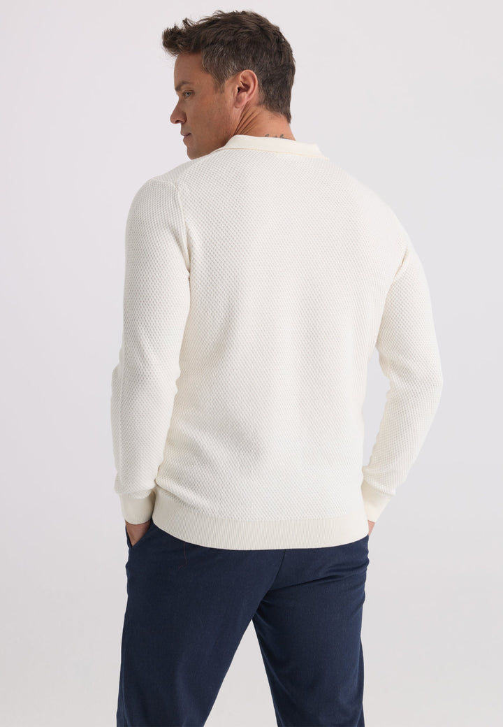 Felix Hardy Pull tricot à col polo texturé pour homme - Écru