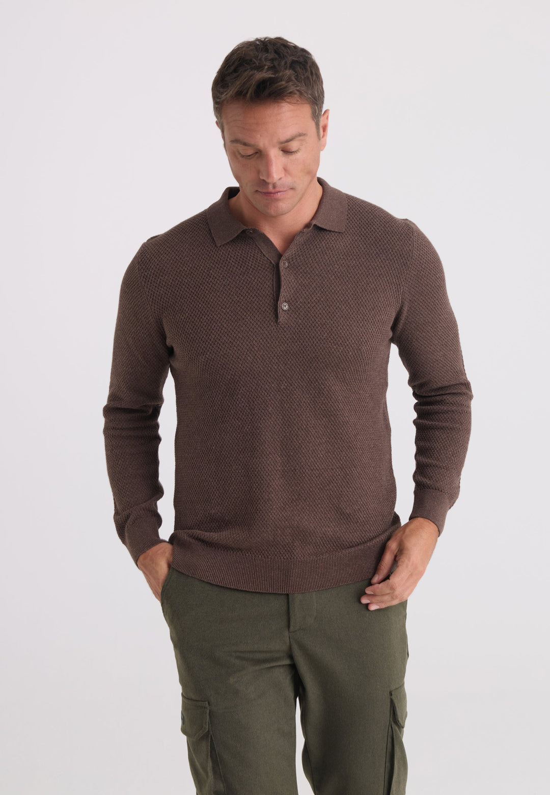 Felix Hardy Pull tricot à col polo texturé pour homme - Marron