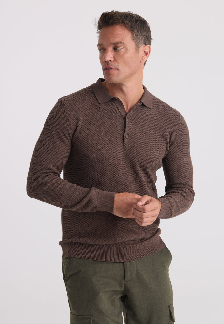 Felix Hardy Pull tricot à col polo texturé pour homme - Marron