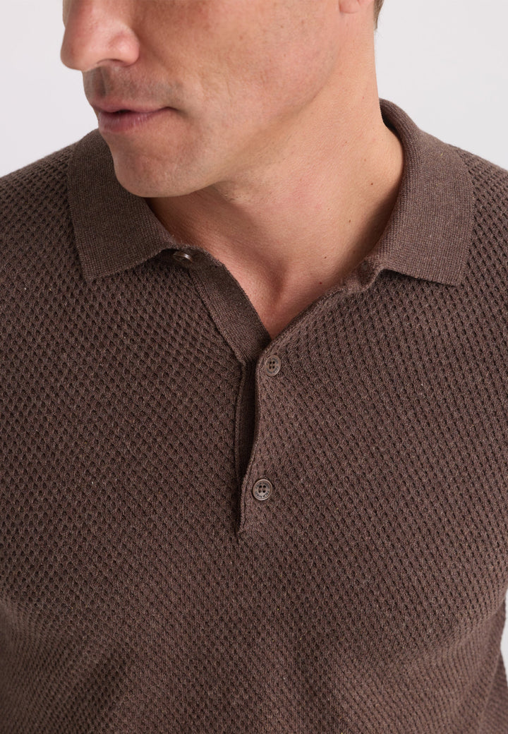Felix Hardy Pull tricot à col polo texturé pour homme - Marron