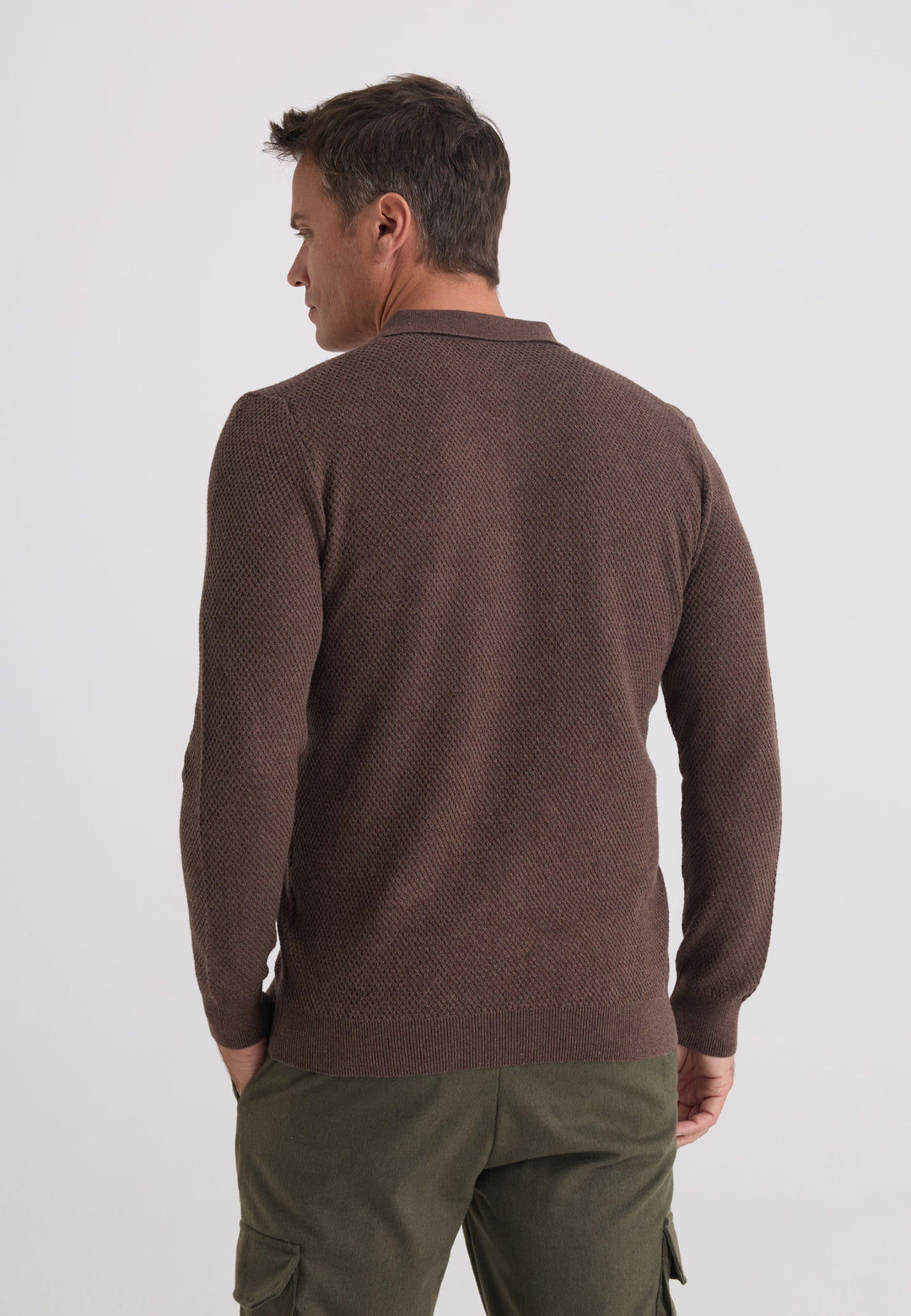 Felix Hardy Pull tricot à col polo texturé pour homme - Marron