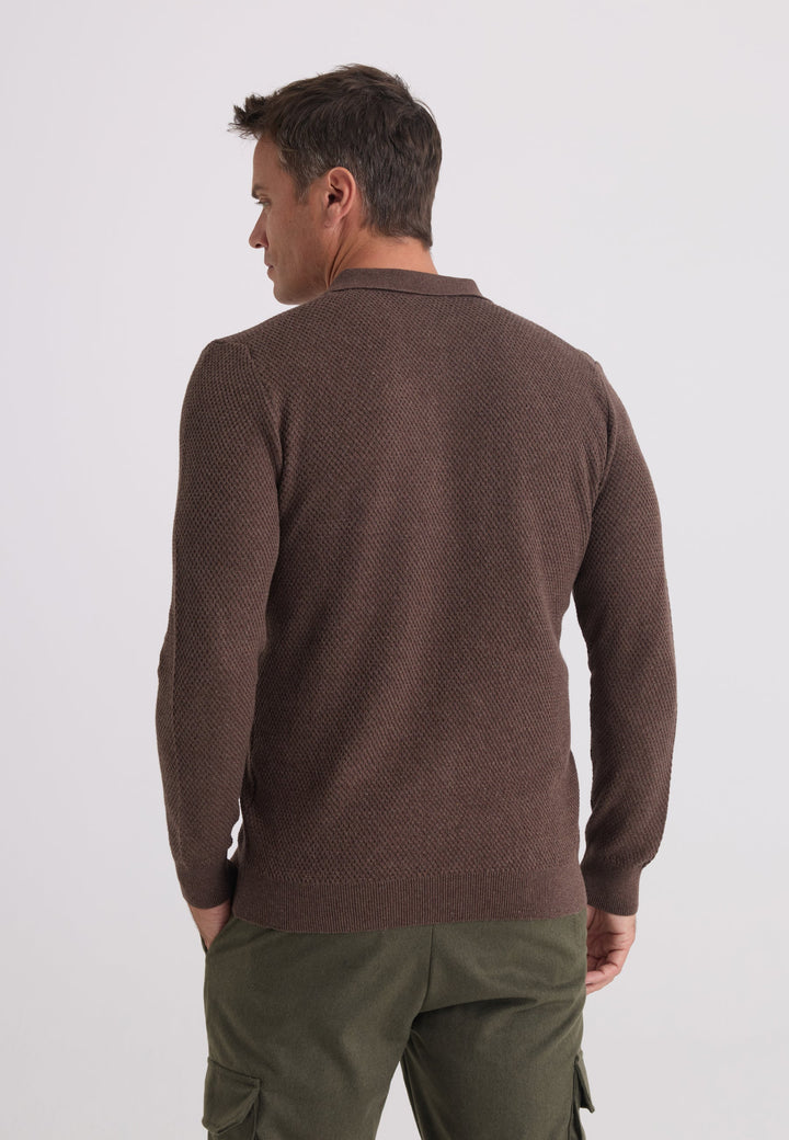 Felix Hardy Pull tricot à col polo texturé pour homme - Marron