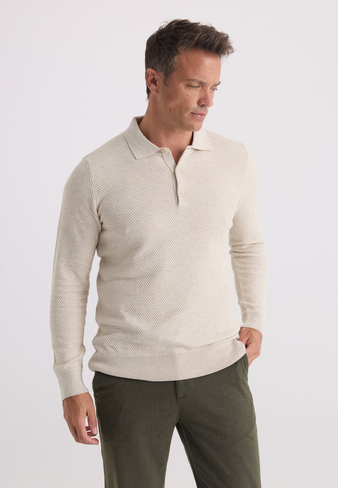Felix Hardy Pull tricot à col polo texturé pour homme - Beige