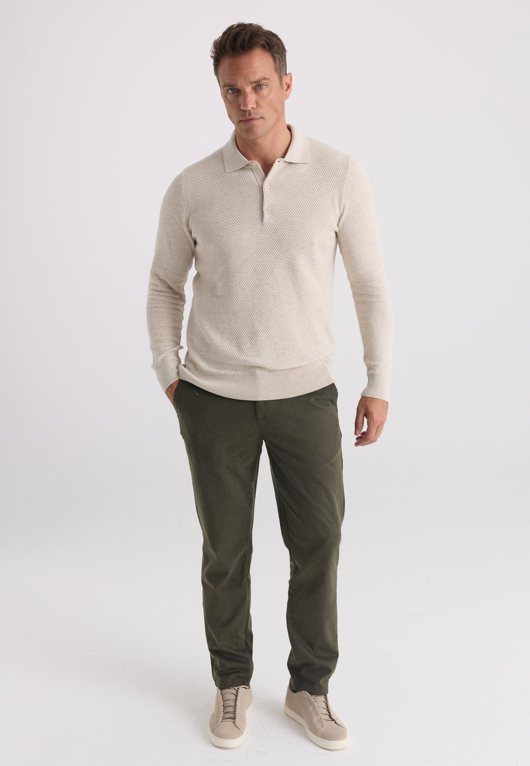 Felix Hardy Pull tricot à col polo texturé pour homme - Beige