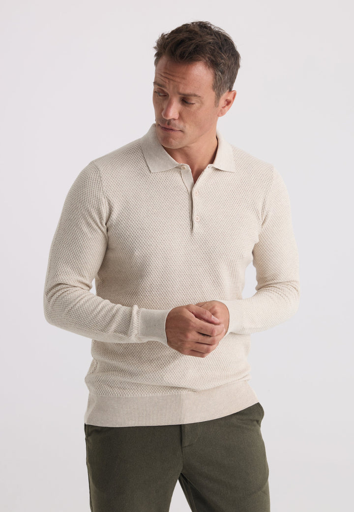 Felix Hardy Pull tricot à col polo texturé pour homme - Beige