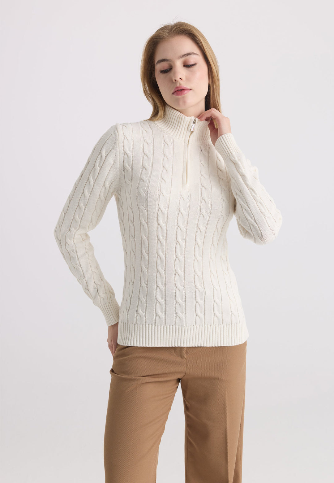 Felix Hardy Pull-over à demi-zip en tricot torsadé - Crème