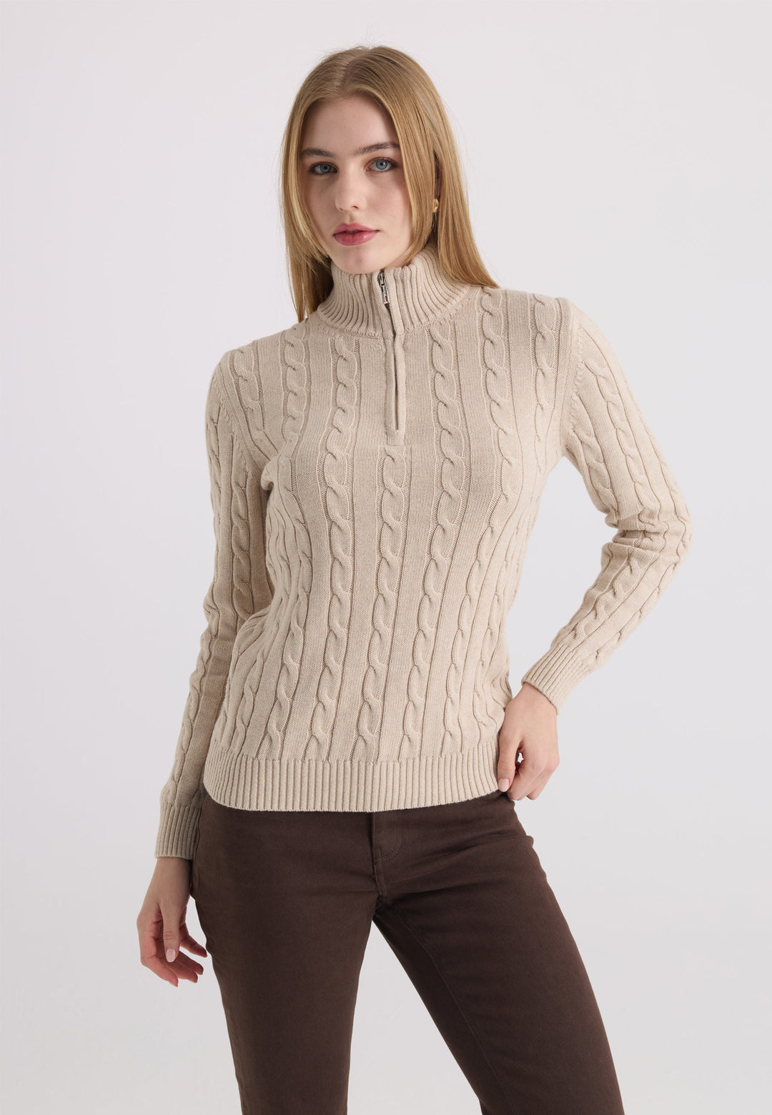 Felix Hardy Pull à demi-zip en tricot torsadé - Beige