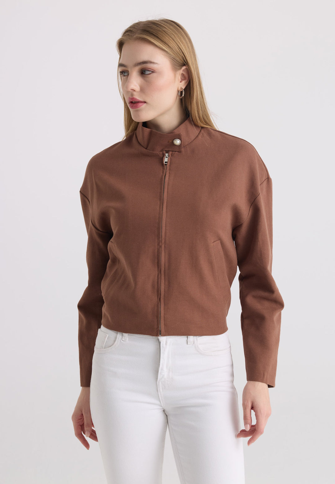 Felix Hardy Veste à col montant en mélange de coton et lin pour femme - Marron
