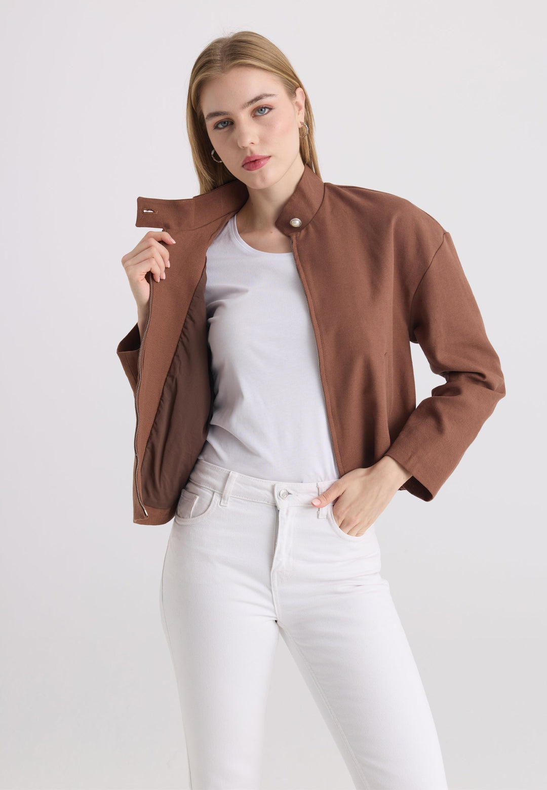 Felix Hardy Veste à col montant en mélange de coton et lin pour femme - Marron