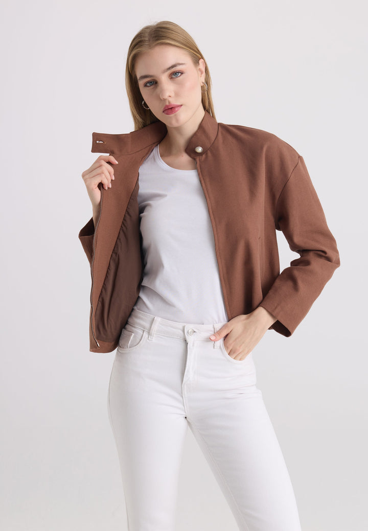 Felix Hardy Veste à col montant en mélange de coton et lin pour femme - Marron