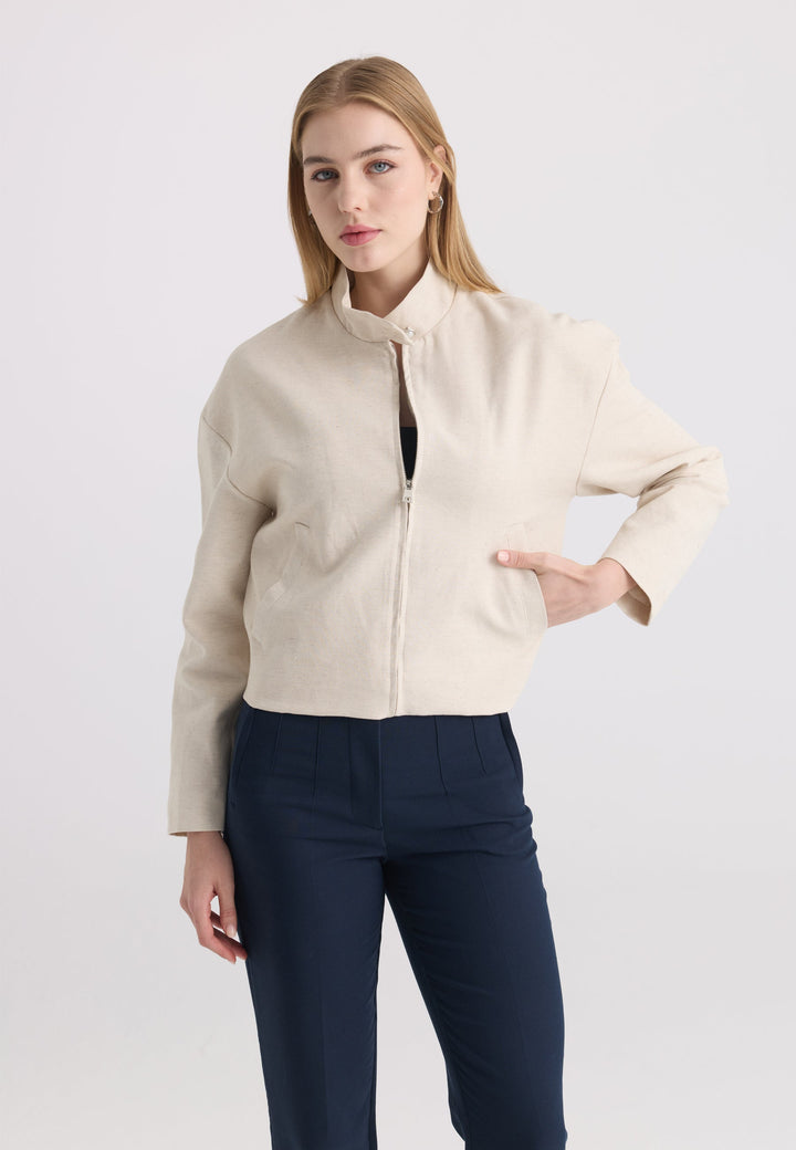 Felix Hardy Veste à col montant en mélange de coton et lin pour femme - Beige