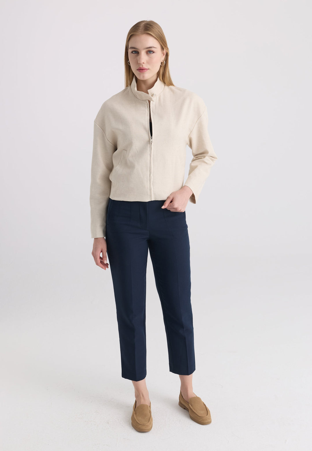 Felix Hardy Veste à col montant en mélange de coton et lin pour femme - Beige