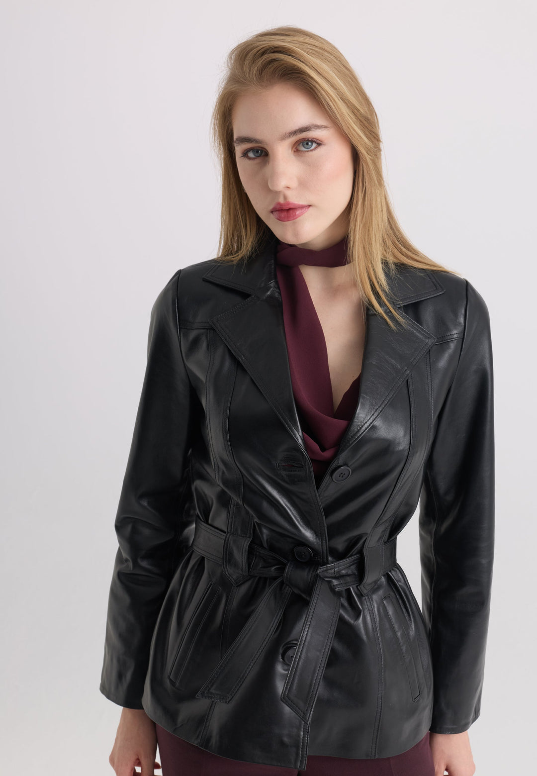 Felix Hardy Veste en cuir véritable ceinturée pour femme - Noir