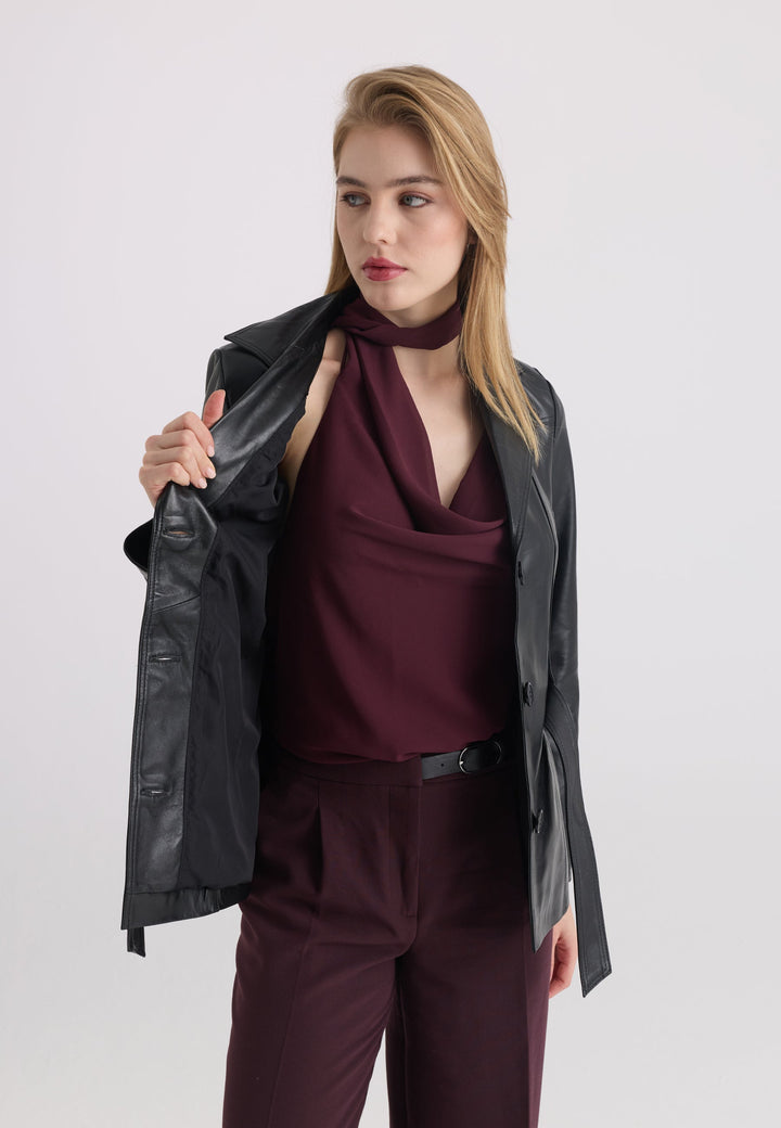 Felix Hardy Veste en cuir véritable ceinturée pour femme - Noir