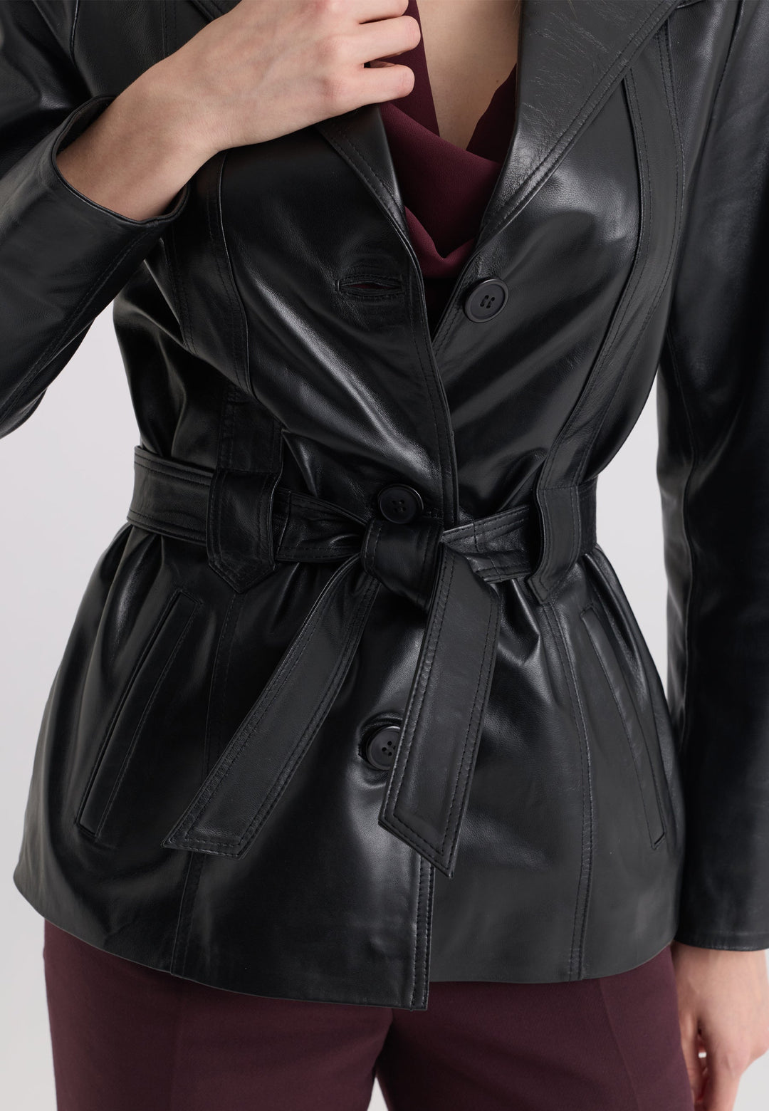 Felix Hardy Veste en cuir véritable ceinturée pour femme - Noir
