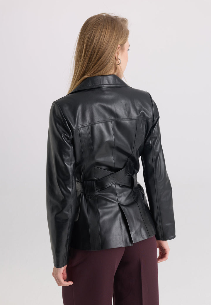 Felix Hardy Veste en cuir véritable ceinturée pour femme - Noir