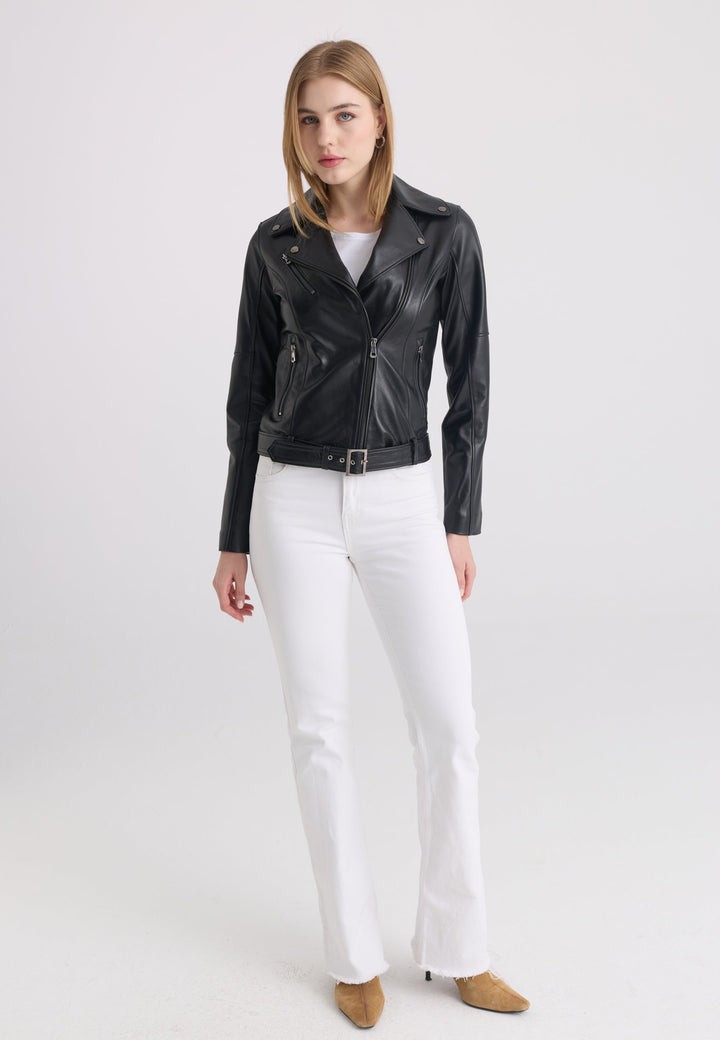 Felix Hardy Veste en cuir biker pour femme - Noir