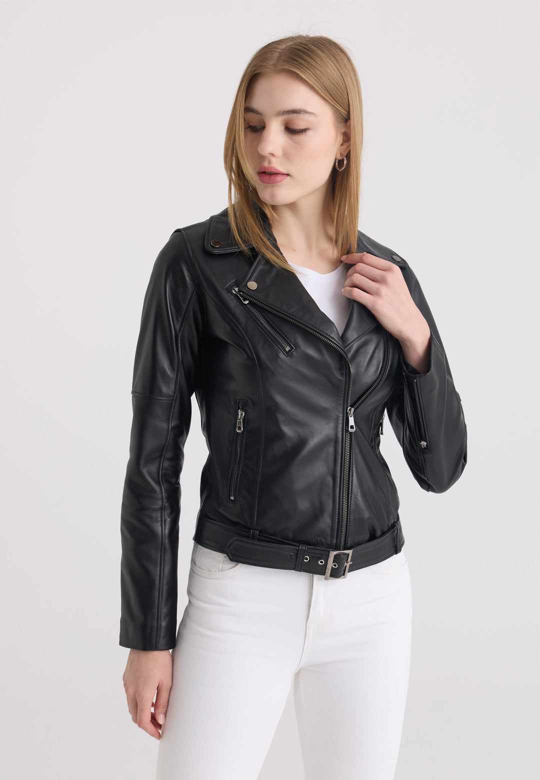 Felix Hardy Veste en cuir biker pour femme - Noir