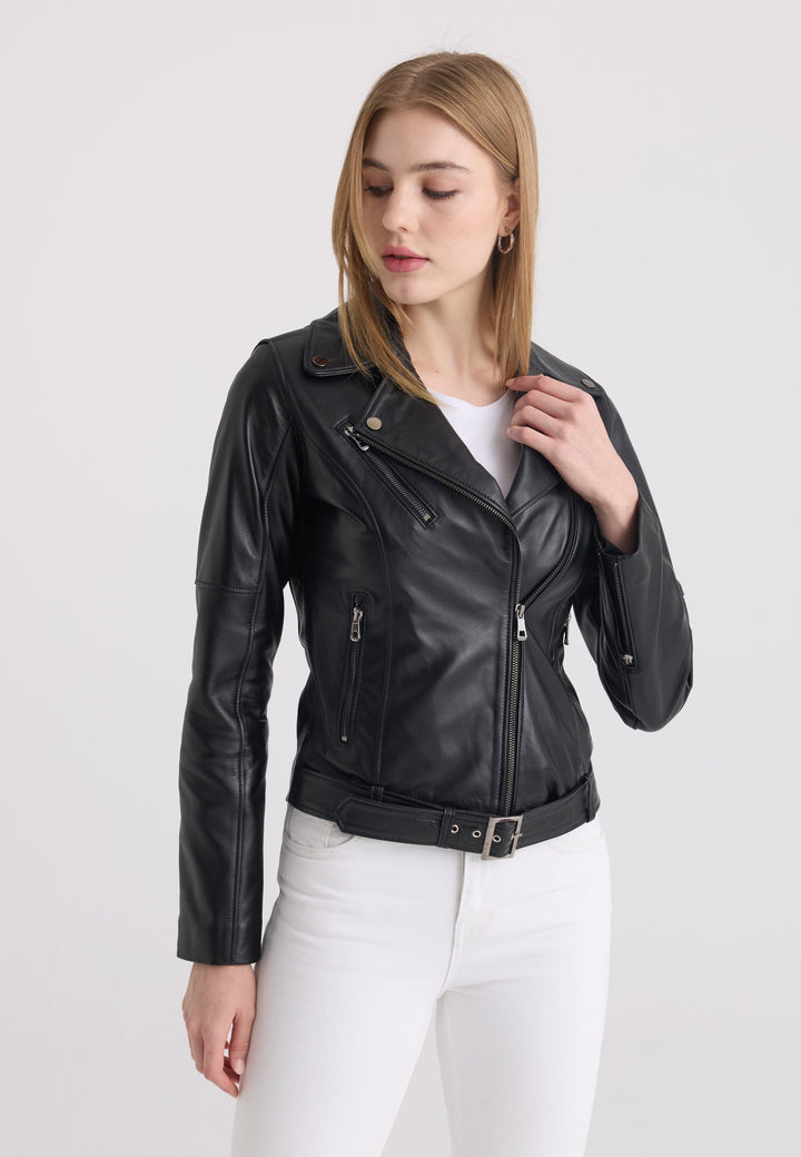 Felix Hardy Veste en cuir biker pour femme - Noir