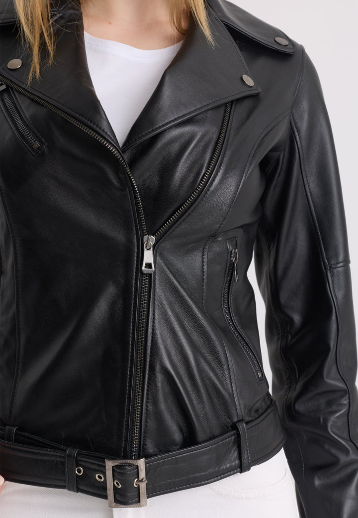 Felix Hardy Veste en cuir biker pour femme - Noir