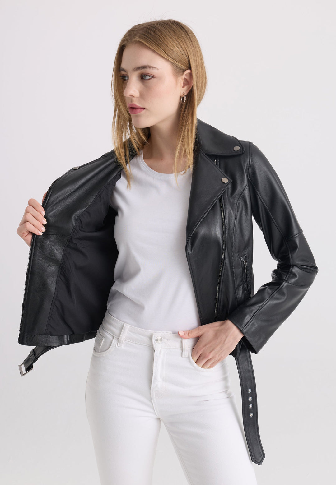Felix Hardy Veste en cuir biker pour femme - Noir