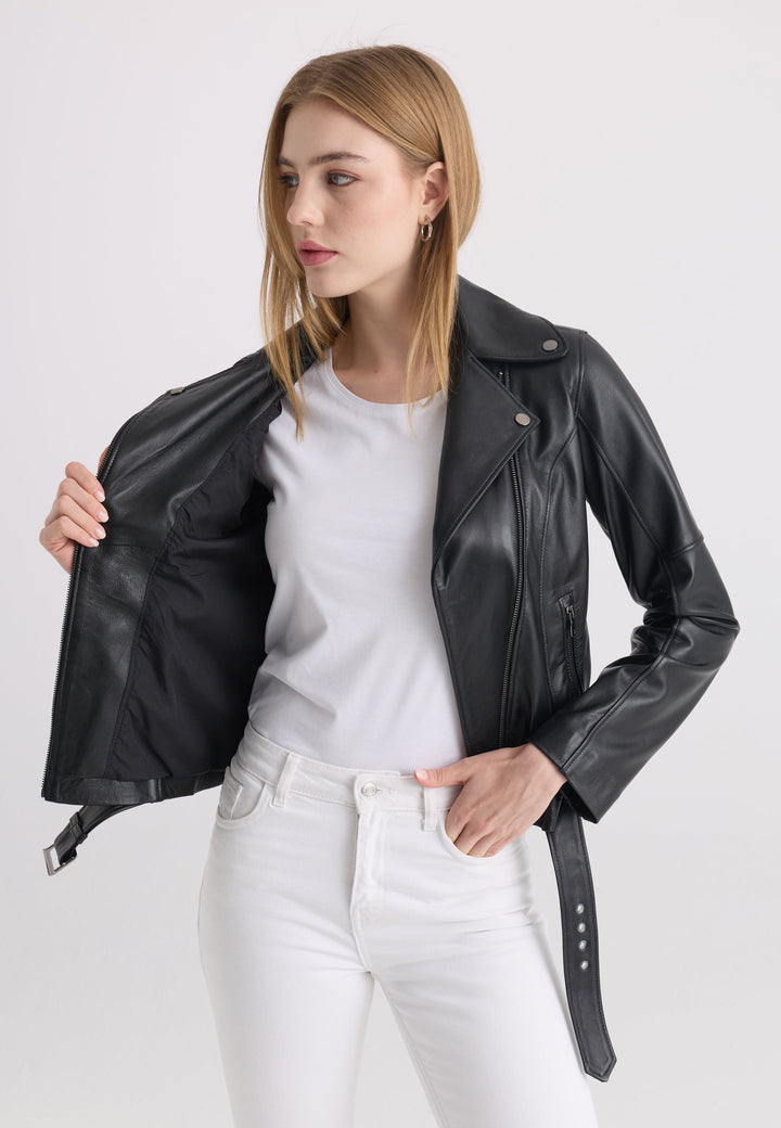 Felix Hardy Veste en cuir biker pour femme - Noir