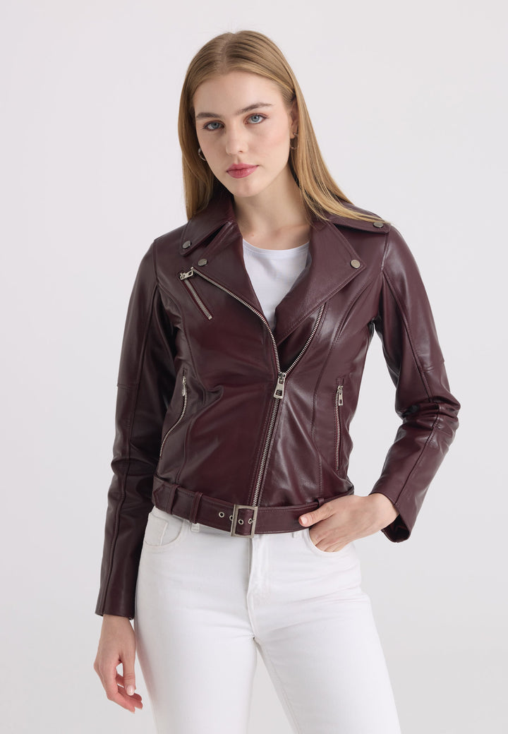 Felix Hardy Veste en cuir biker pour femme - Bordeaux