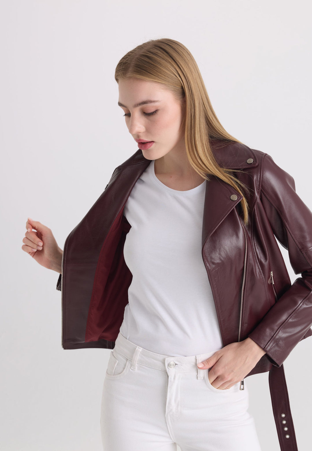 Felix Hardy Veste en cuir biker pour femme - Bordeaux