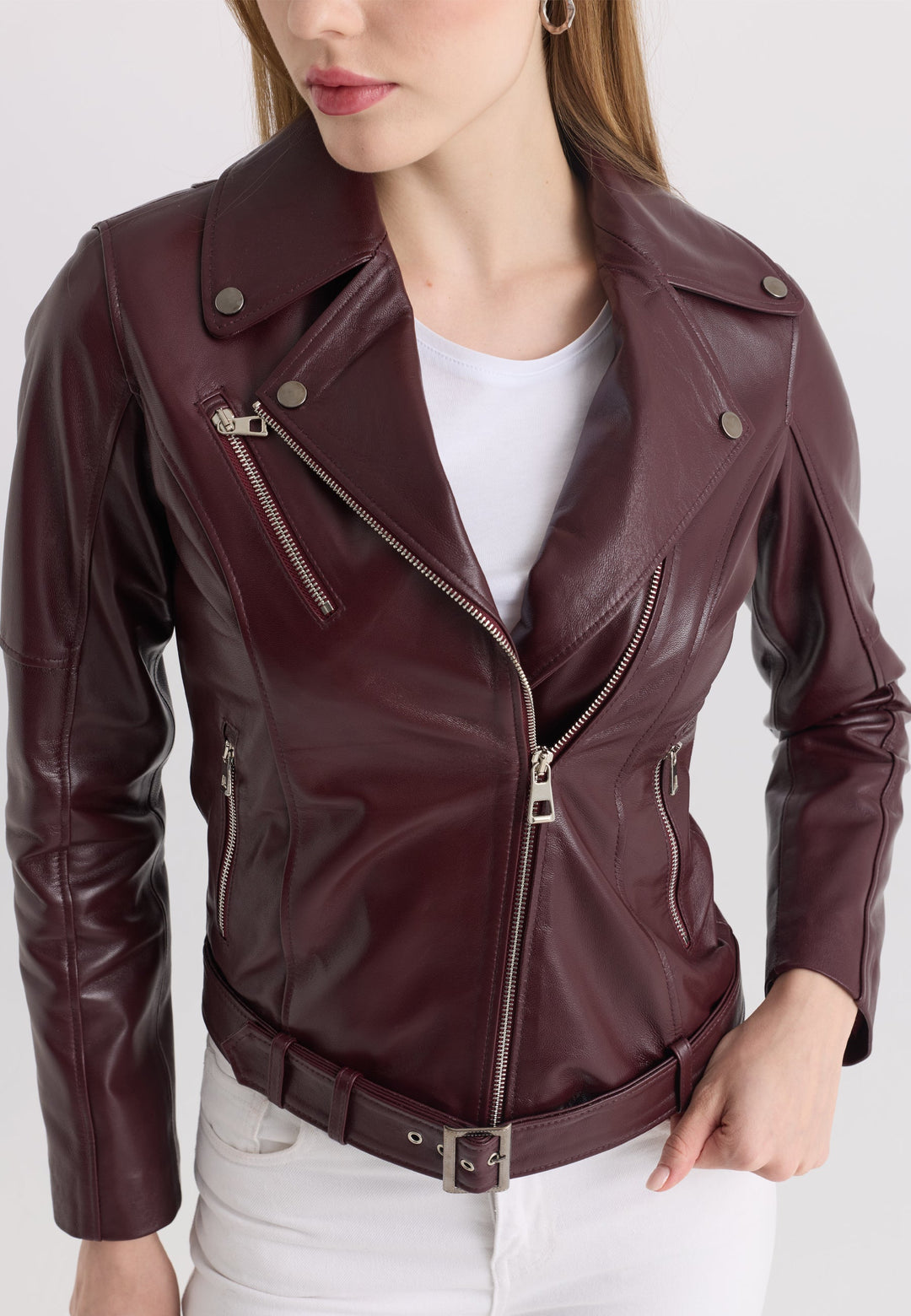 Felix Hardy Veste en cuir biker pour femme - Bordeaux