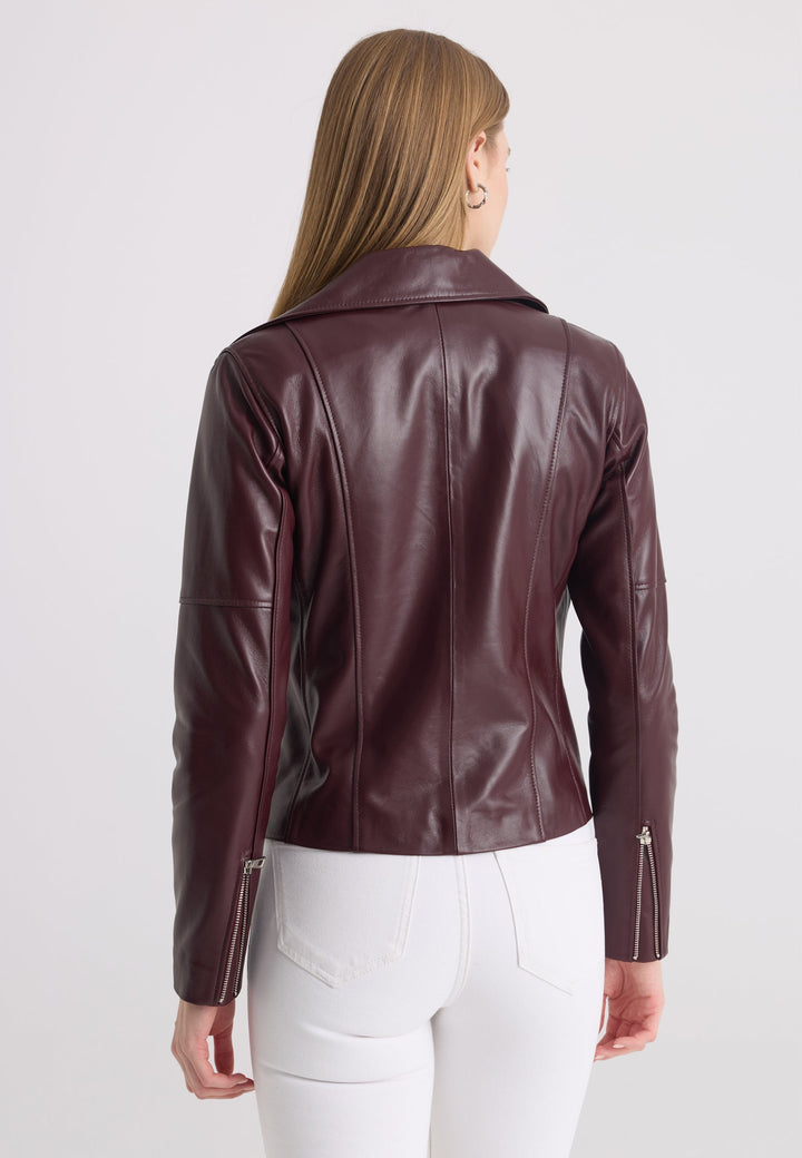 Felix Hardy Veste en cuir biker pour femme - Bordeaux