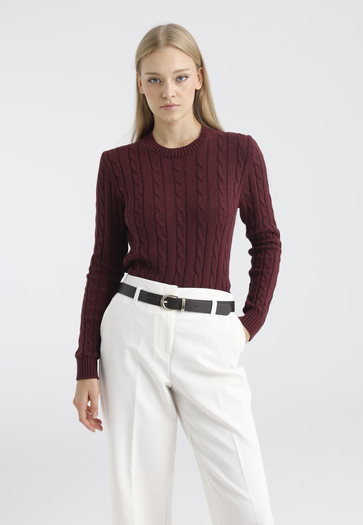 Felix Hardy Pull tricot à col rond et tresses pour femme - Bordeaux