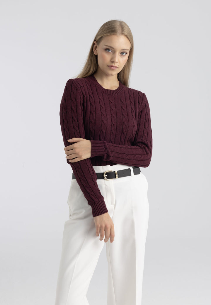 Felix Hardy Pull tricot à col rond et tresses pour femme - Bordeaux