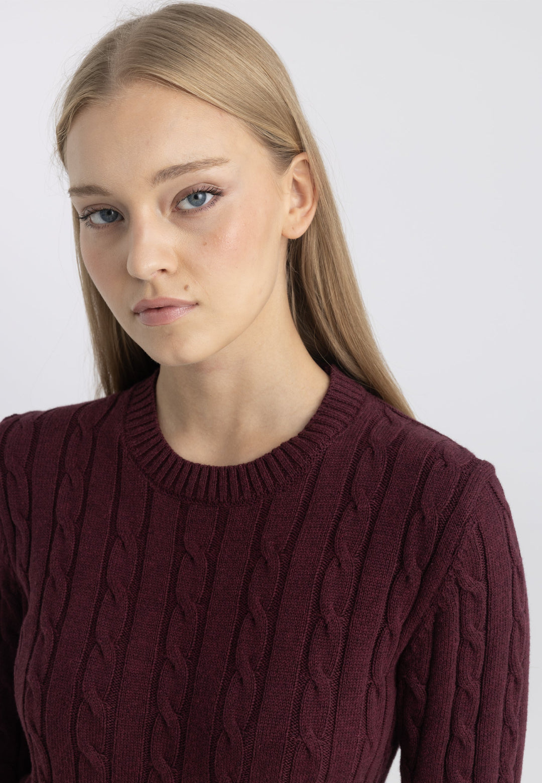 Felix Hardy Pull tricot à col rond et tresses pour femme - Bordeaux