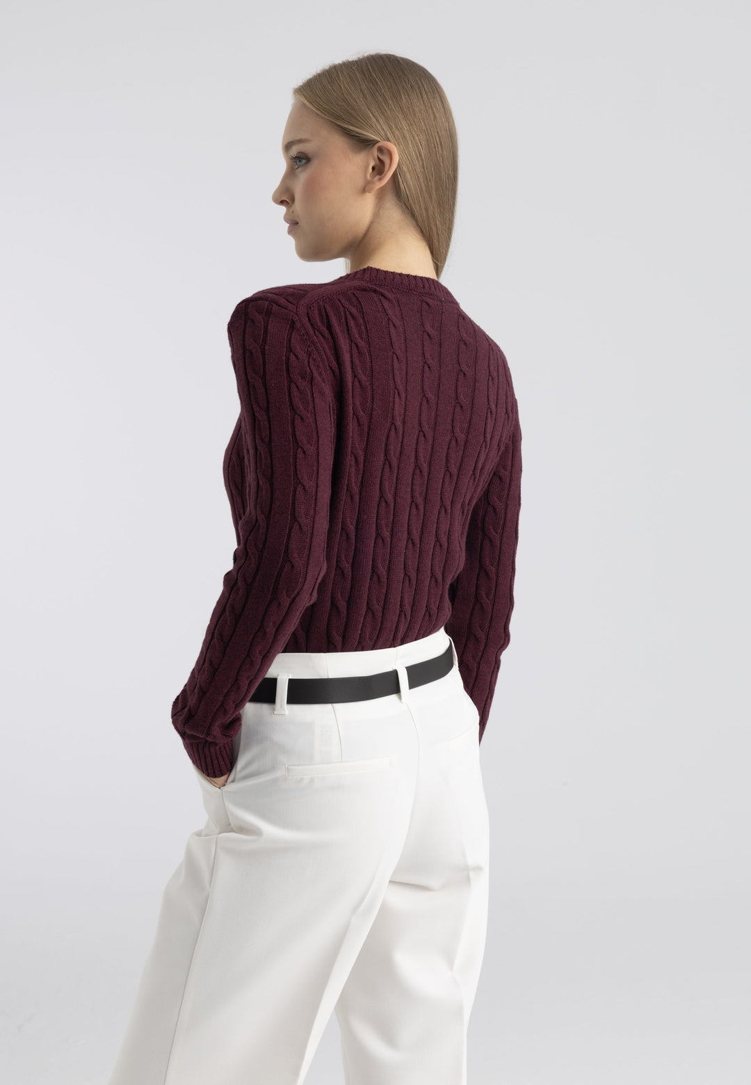 Felix Hardy Pull tricot à col rond et tresses pour femme - Bordeaux