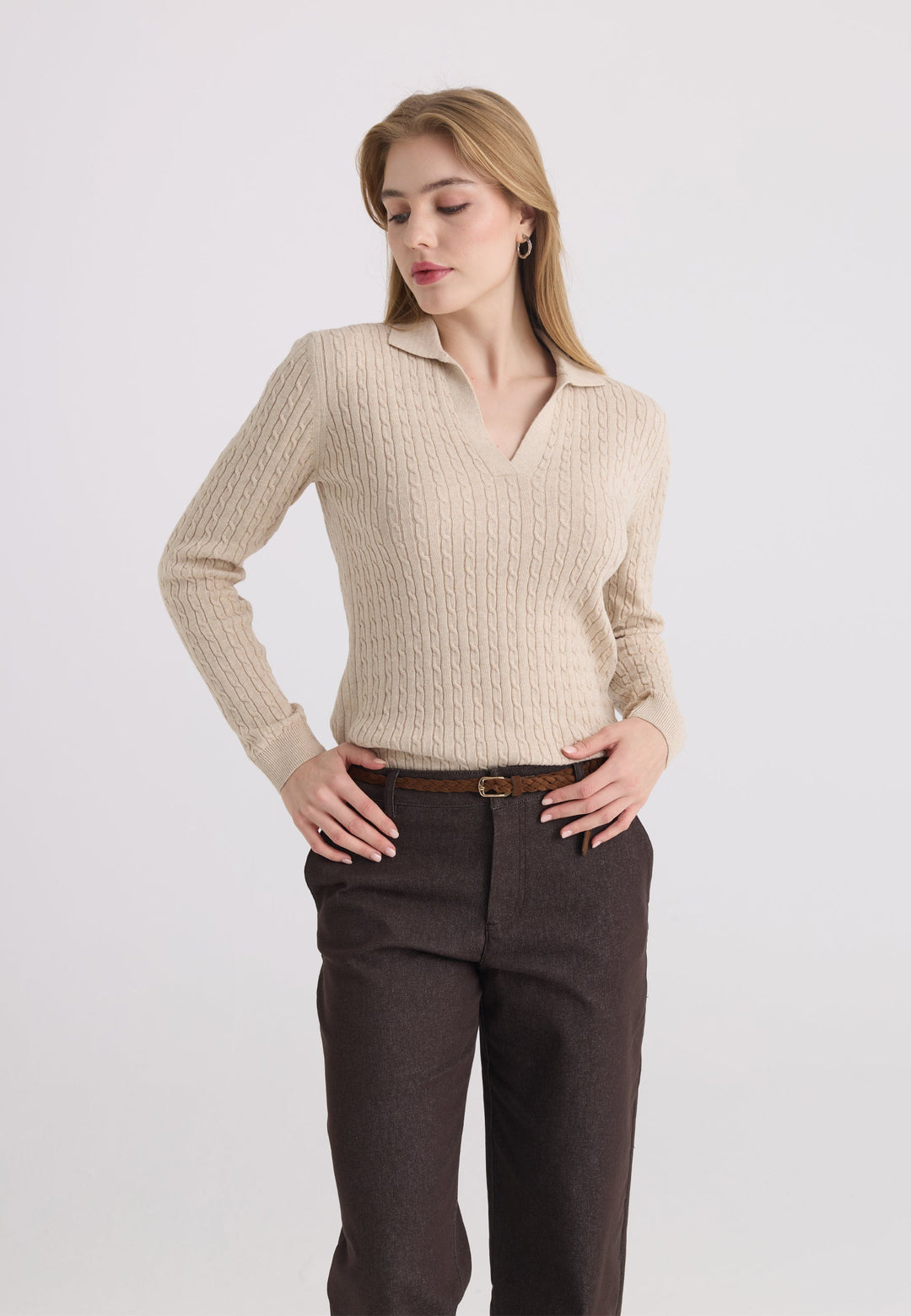 Felix Hardy Pull tricot à col polo pour femme - Beige